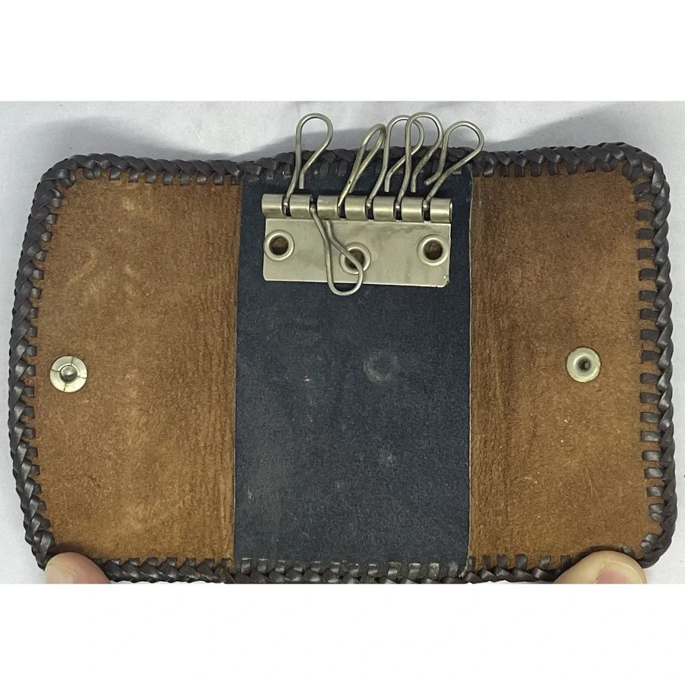 Vintage Hand Tooled Leather Key Case Holder Floral Whipstitch Western Brown